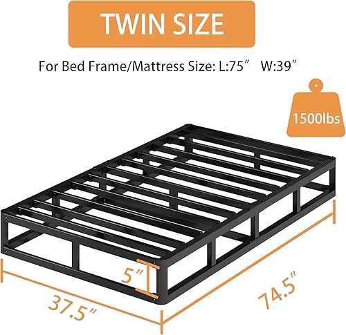 Miniatura 2 de Base de cama individual de 5 pulgadas, capacidad de 1500 libras, base de cama de metal tamaño individual, base de colchón de perfil bajo con funda 5