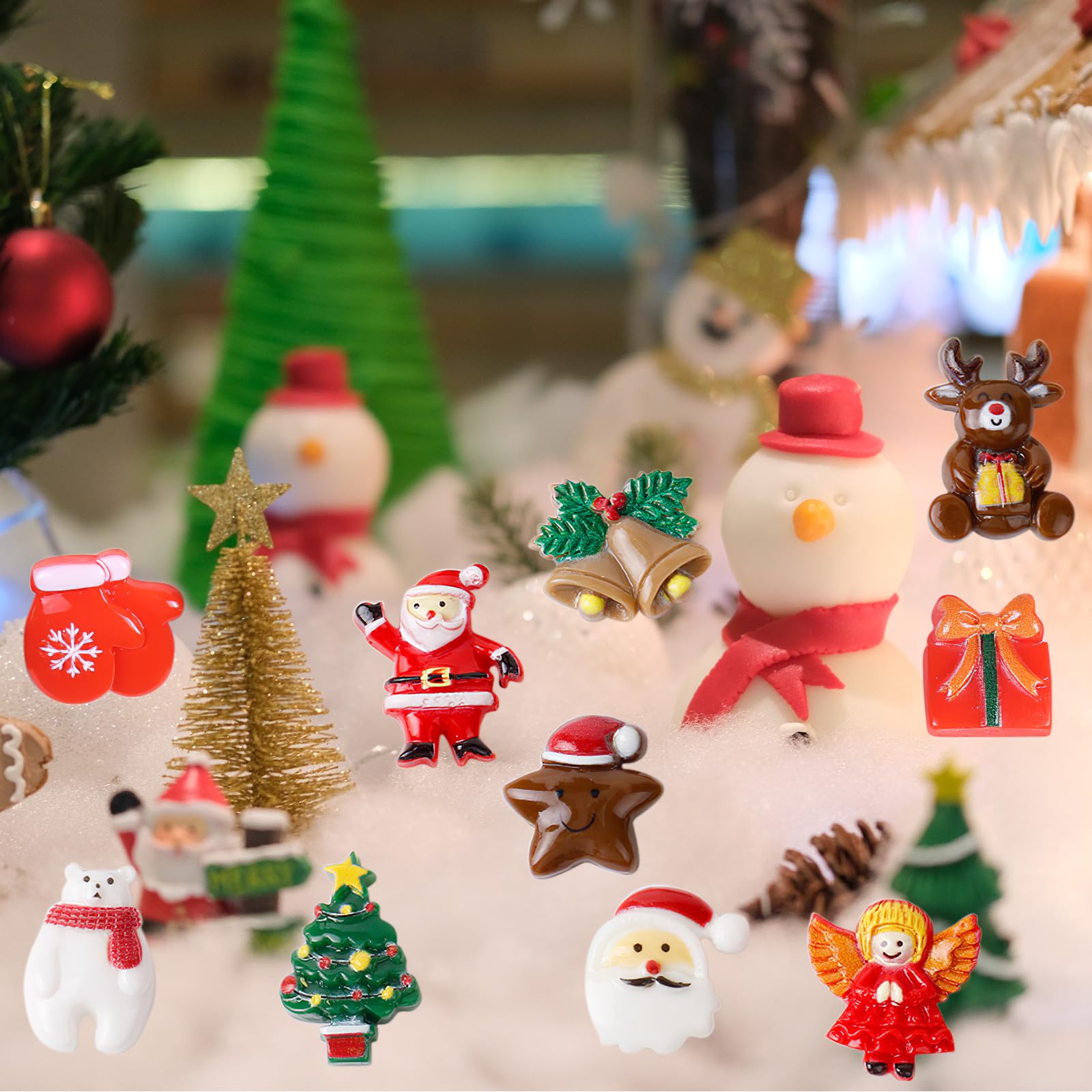 Lot De 40 Figurines De Noël En Résine - Père Noël, Sapin, Bonhomme De Neige... - Avec Fil Doré 5 M - Déco Sapin