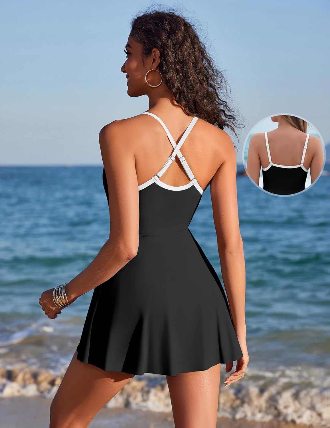AI'MAGE Womens One Piece Swimsuits A Line Swim Dress Adjustable Straps Tummy Control Bathing Suit with Pockets - Image 2