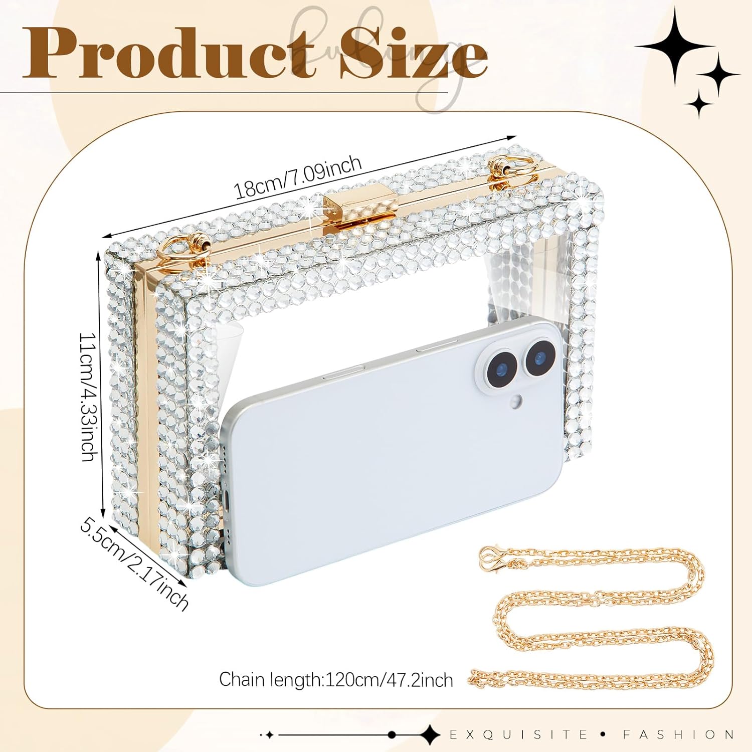 Dansydaisy Clear Rhinestone Purse with Chain,Acrylic Box Clutch Handbag,Small Transparent Crossbody Evening Bag Stadium Approved Gold Chain Strap