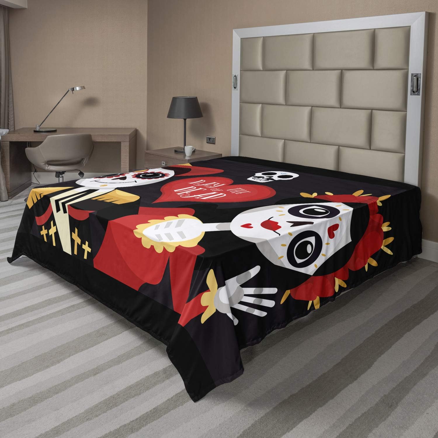 Ambesonne Dia de Los Muertos Flat Sheet, Day of The Dead Sugar Skull Boy and Girl, Soft and Comfortable Top Sheet Decorative Bedding 1 Piece, Full Size, Grey Vermilion