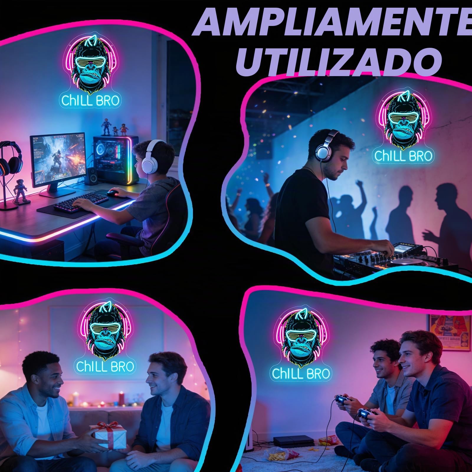 Chill Bro Gaming Headset Cartel de neón para decoración de pared, cartel de neón de gorila, carteles LED de zona de juegos para sala de juegos, decoración de accesorios de juegos, decoración