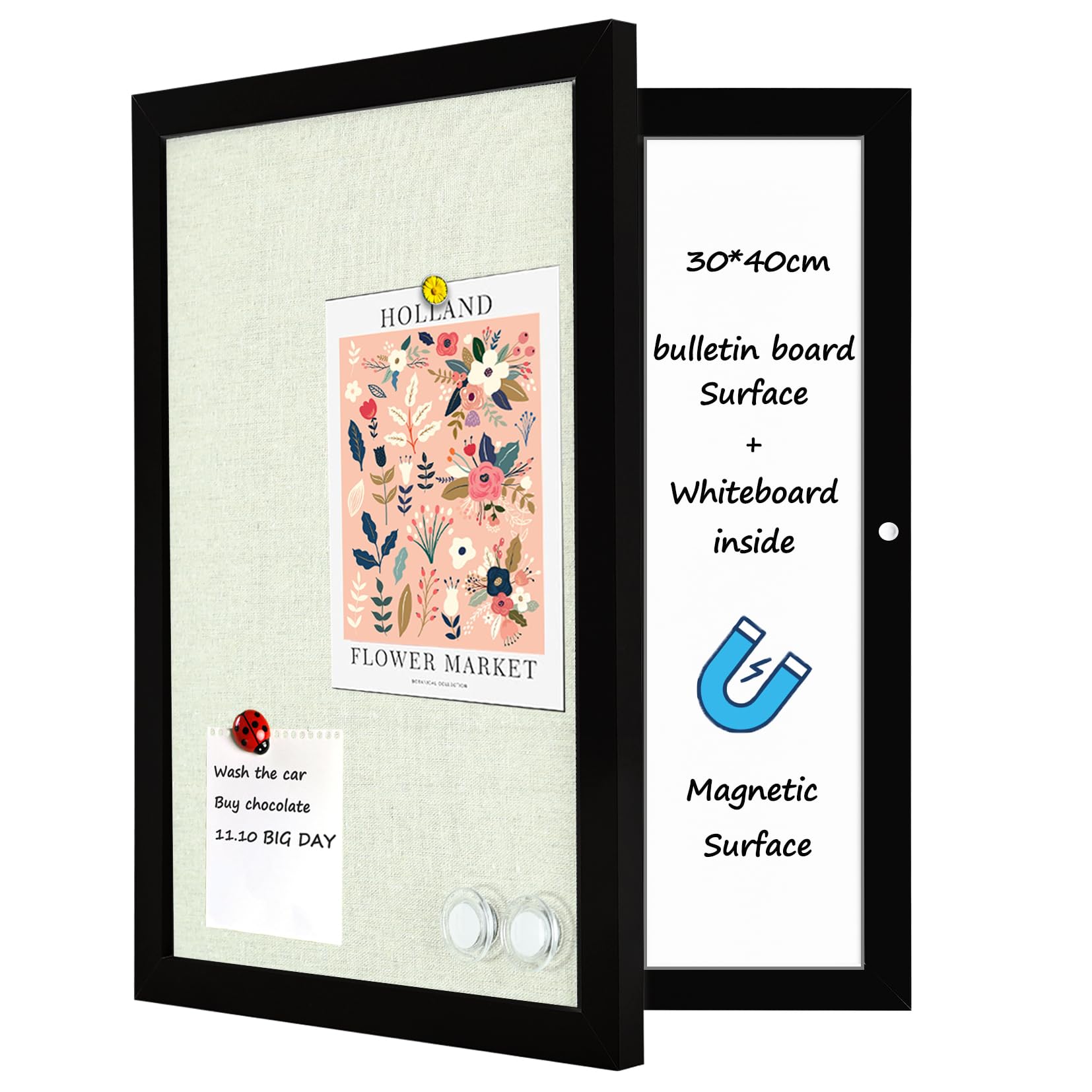 Magnetisches, trocken abwischbares Whiteboard mit schwarzem Holzrahmen, grauer Stoff Pinnwand außen und Whiteboard innen, 30 x 40 cm