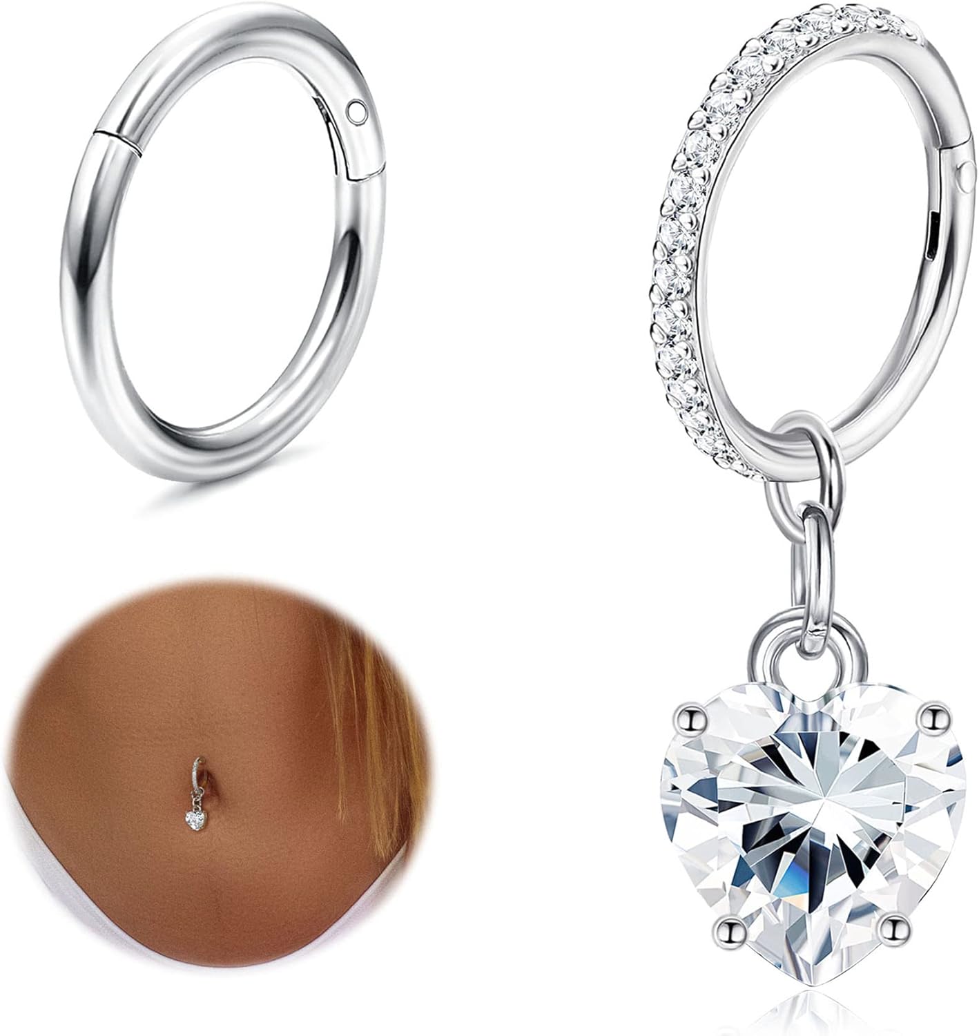 THUNARAZ 2Pcs Belly Button Rings for Women Surgical Stainless Steel Clicker Belly Rings Hoop CZ Heart Butterfly Dangle Navel Rings Belly Piercing Jewelry Silver Tone 14G