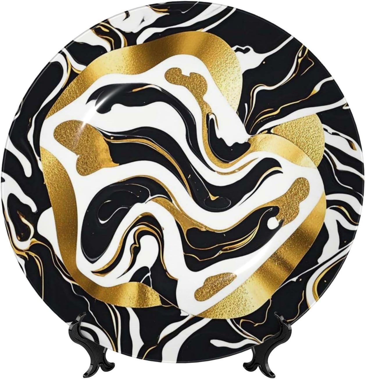 Bone China Decorative Plate with Display Black White Gold Foil Marble Ceramic Plates Crafts Art Decor Dessert Plate Ceramic Ornament Porcelain Plates for Living Room Kitchen Table Home Decor