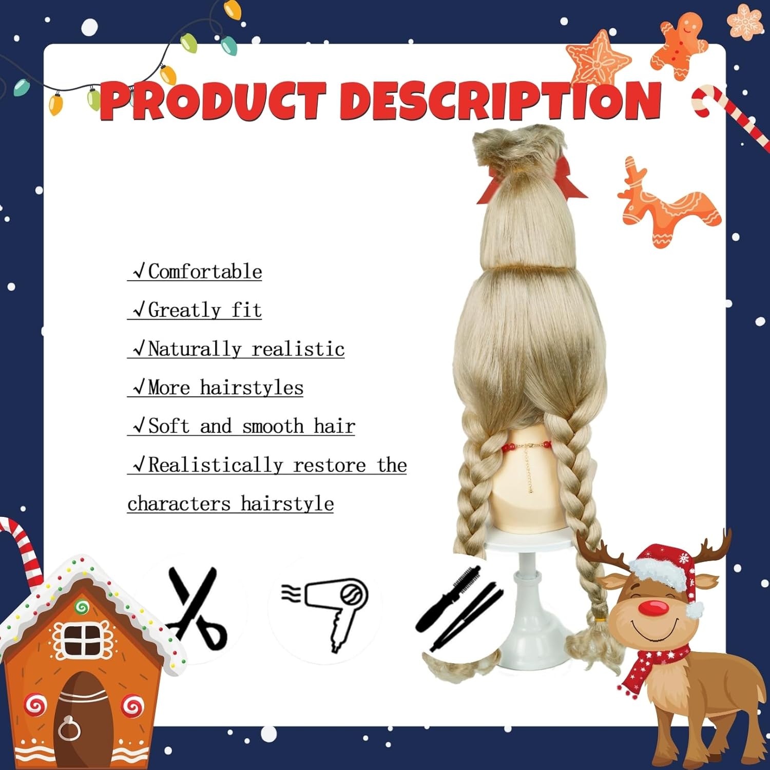 LABEAUTÉ Long Blonde Braids Wig Christmas for Women Bangs with Red Bow Halloween Party Hair Wig