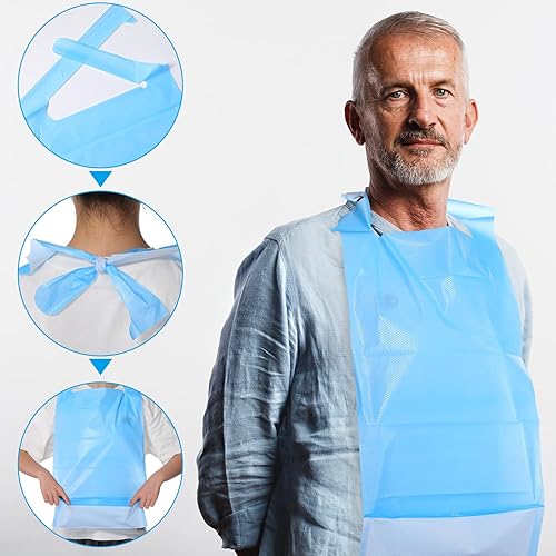 Miniatura 3 de Baberos desechables para adultos con recogedor de migas de 14.1 x 23.6 pulgadas, baberos para ancianos que comen un solo uso, protectores de ropa de
