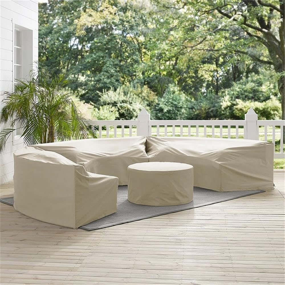 BOWERY HILL 4Pc Vinyl Sectional Sofa Cover Set, Heavy-Gauge Reinforced Tan Upholstery, Scratch-Proof, Waterproof Design for Outdoor Round Patio Sectional and Table, Durable Protective Covers