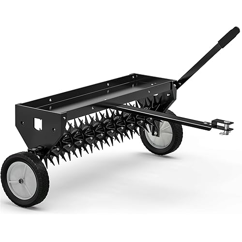 YITAMOTOR 40" Tow Behind Spike Aerator, Durable Lawn Aerator for Soil Penetrator with Transport Wheels & Galvanized Plug Coring Tines & Universal Hitch Tow Bar & Side Control Handle for ATV,Black