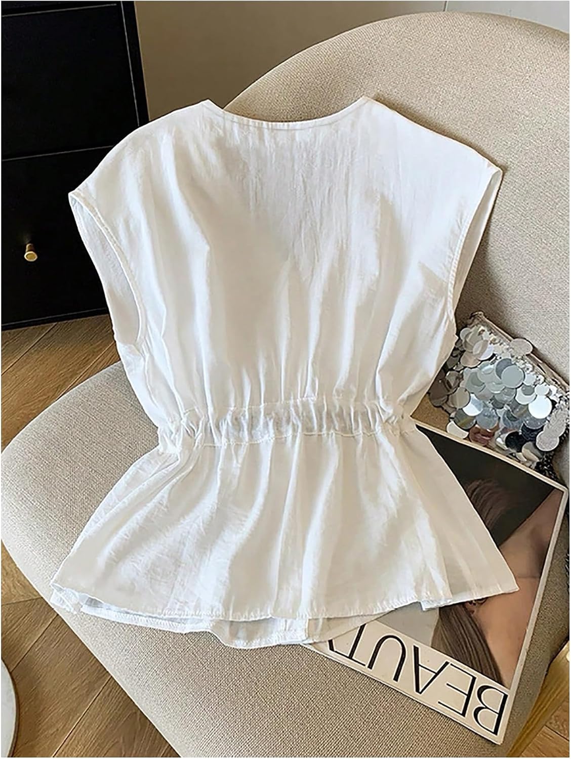 MakeMeChic Women's V Neck Peplum Tops Button Down Cap Sleeve Belted Elegant Casual Blouse Shirt