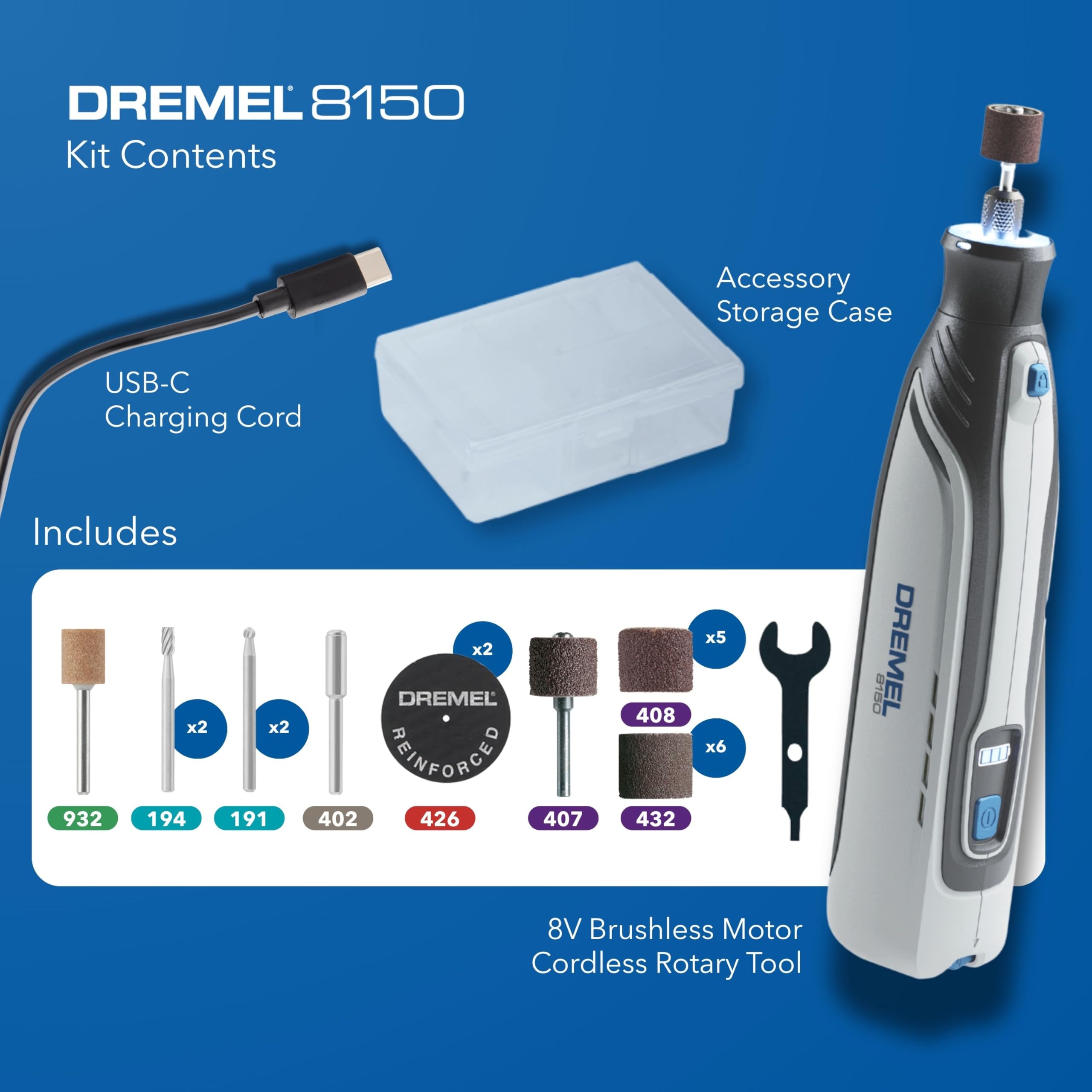 Dremel 8150 8 V Akku-Drehwerkzeug-Set mit LED-Nasenkappe und 20