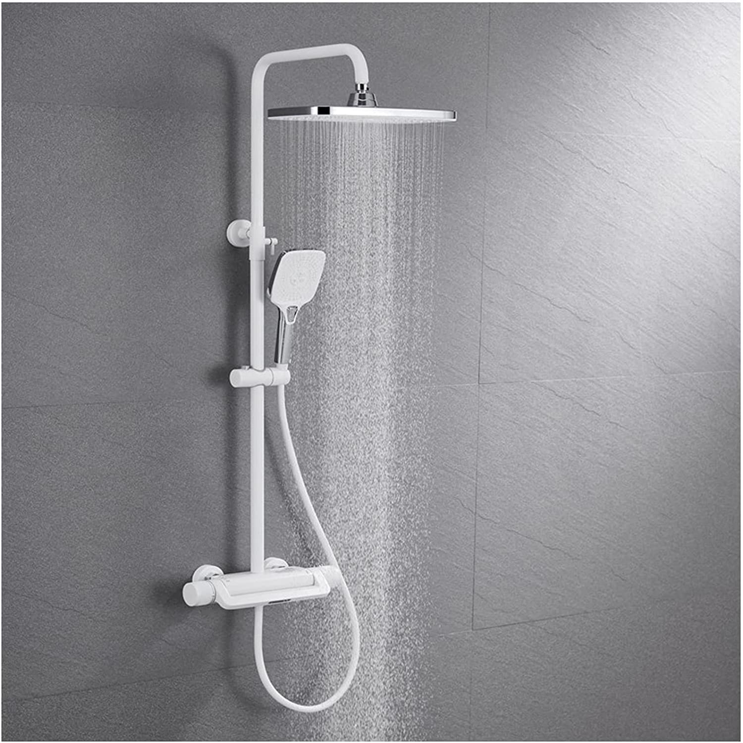 Ksunun Thermostatic Shower System White, Rainfall Shower Head With Handheld Spray, Wall Mounted Bathroom Shower Faucet Set With Waterfall Tub Spout And Dual Shower Head, Exposed Shower Mixer Combo
