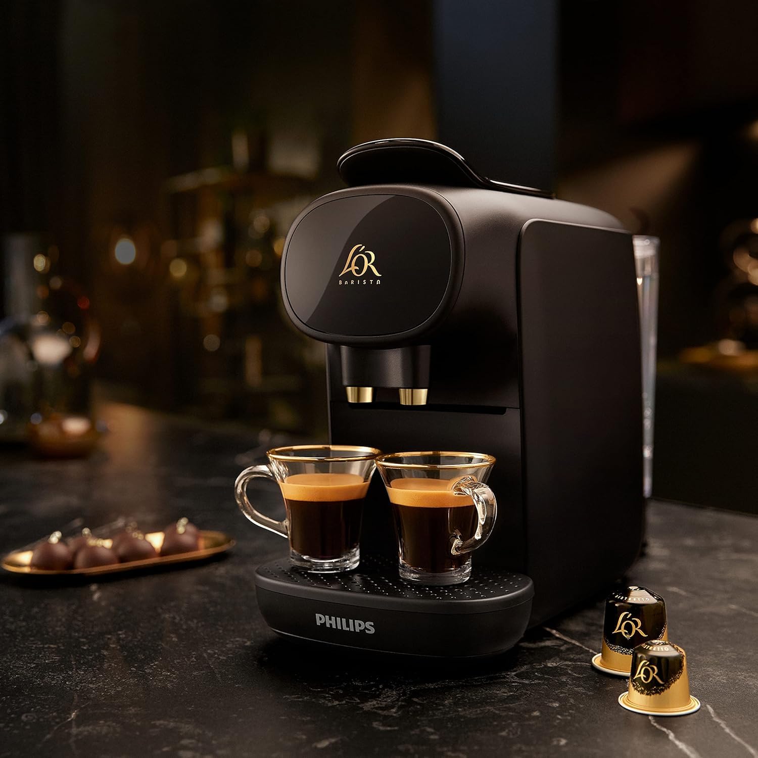 PHILIPS L'OR Barista Sublime Kapsel-Kaffeemaschine, Doppelter Espresso, 1 oder 2 Tassen, Vollständiges Kaffeemenü, Schwarz (LM9012/60)
