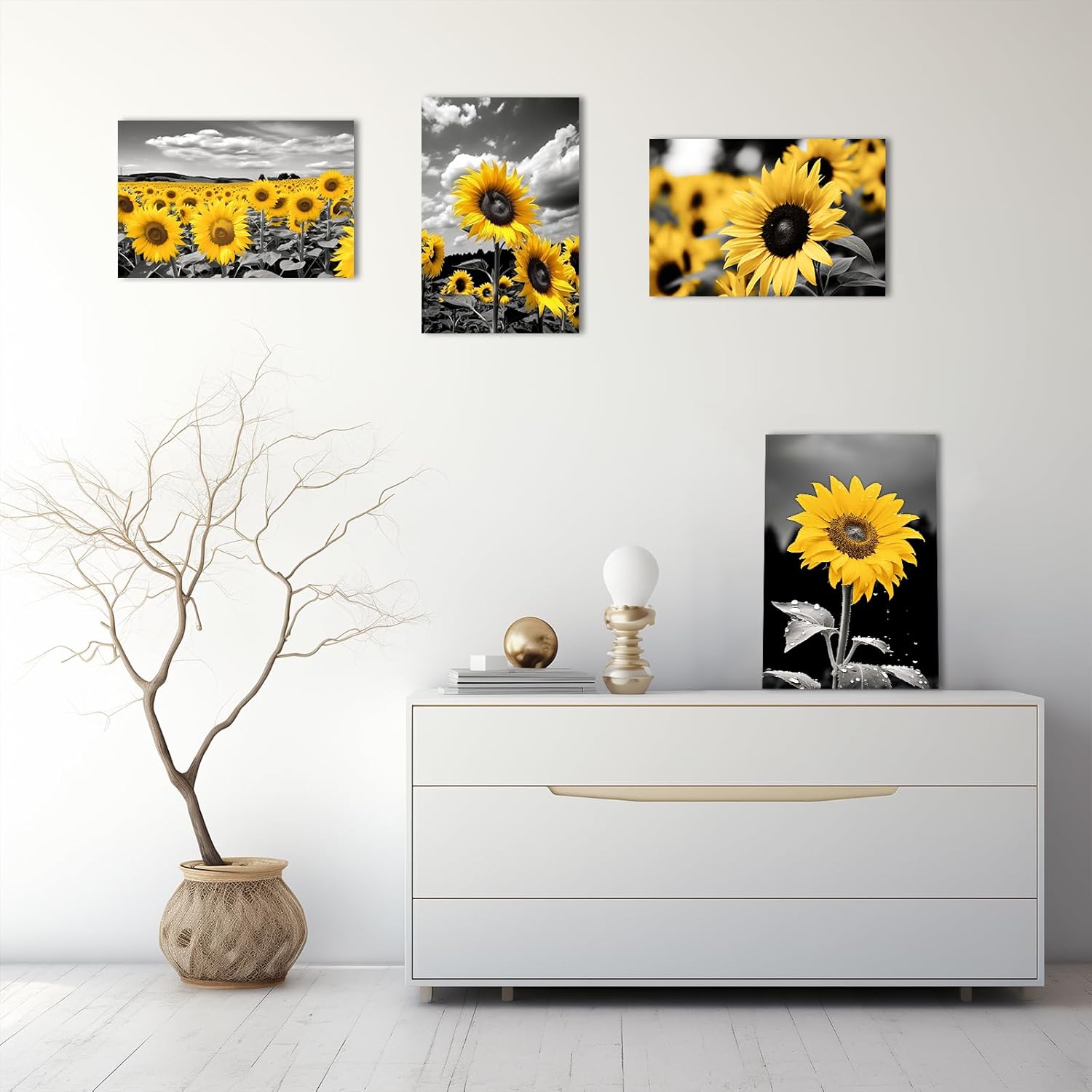 LZIMU Sunflower Canvas Wall Art Sunflower Field Picture Black White Prints Yellow Floral Landscape Paintings Rustic Kitchen Decor(Picture-3, (12.00" x 18.00"))