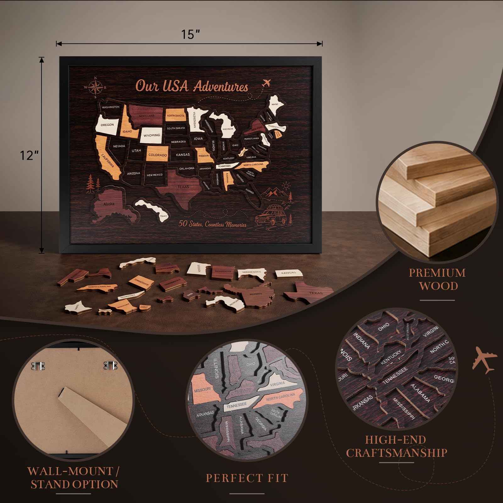 Rompecabezas de mapa de viaje de madera, 15 x 12 estados, mapa de viaje de Estados Unidos para marcar lugares visitados, regalo de decoración de pared de Estados Unidos para parejas y familias