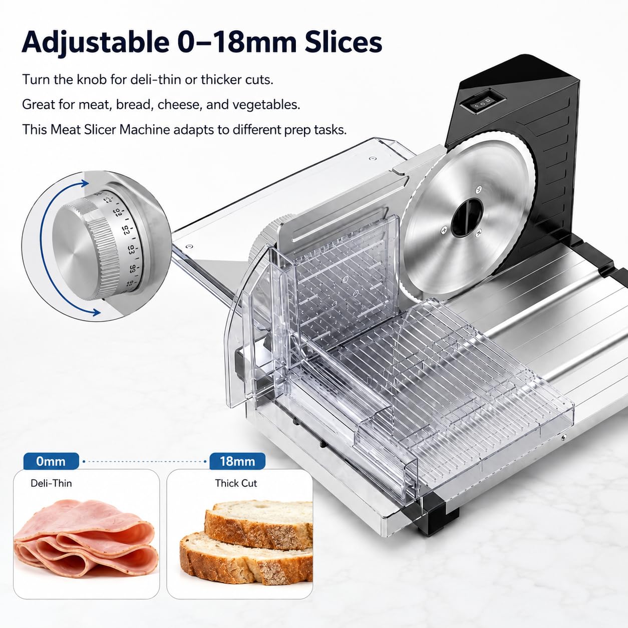 Affettatrice Elettrica Per Carne Con Design Pieghevole, Regolabile 0-18mm