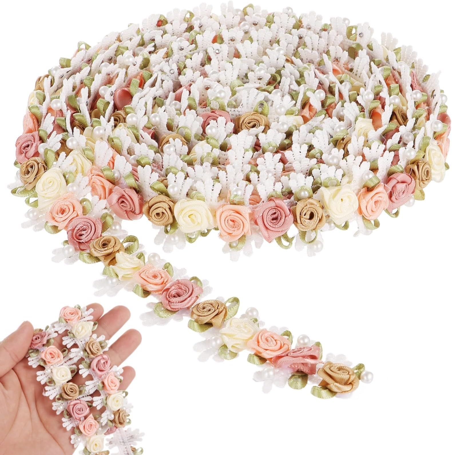 3 Yards 3D Floral Embroidered Lace Trim, Multicolor Roses and Pearl Beads, Bridal Applique Ribbon Edge Trim for Sewing, DIY Craft Supplies, Wedding Dress, Headbands, Bags, Costume Decoration