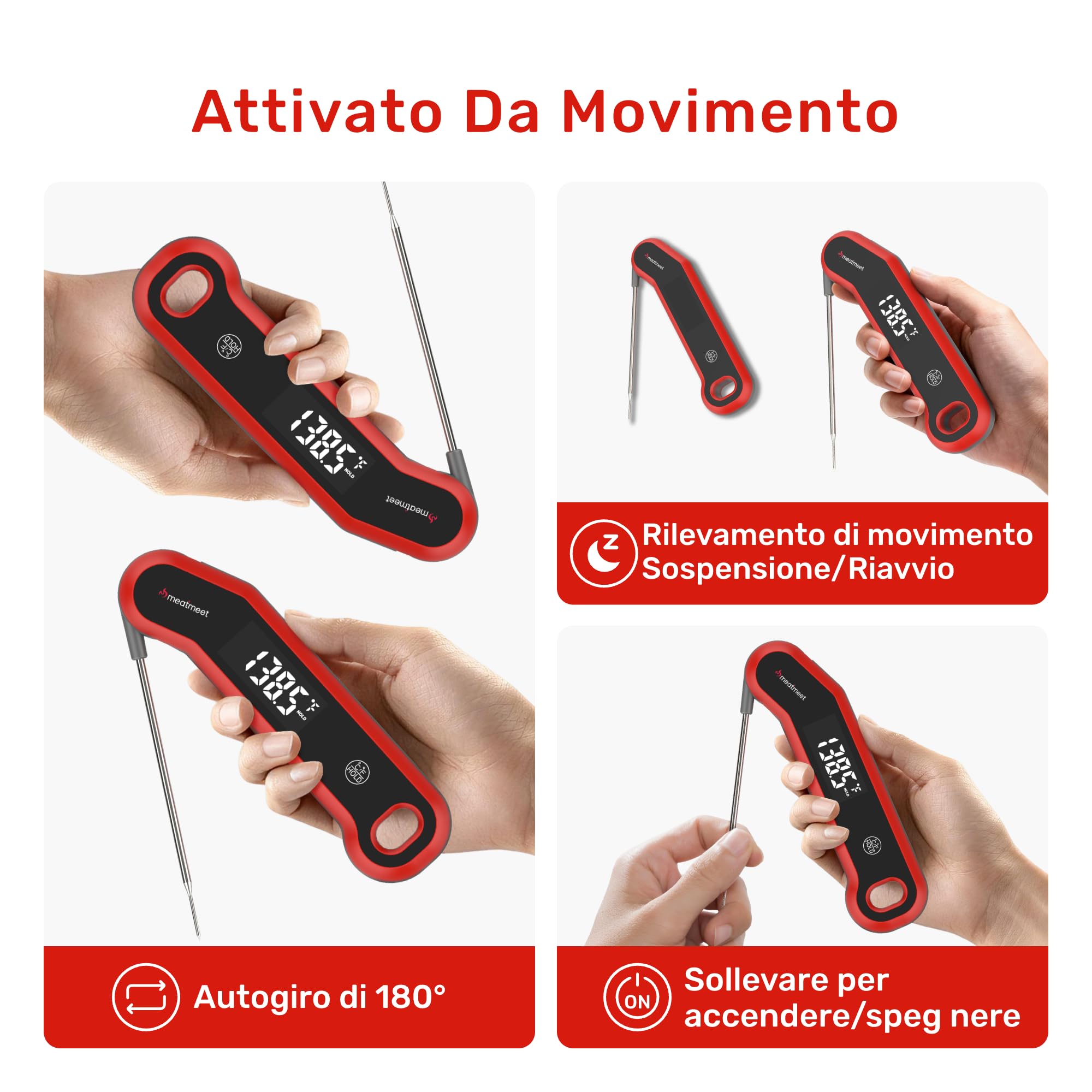 Termometro da Cucina Digitale IP67 Lettura Ultra-Rapida 0.5 Secondi Precisione ±0,3°C Display LED Girevole Automatico