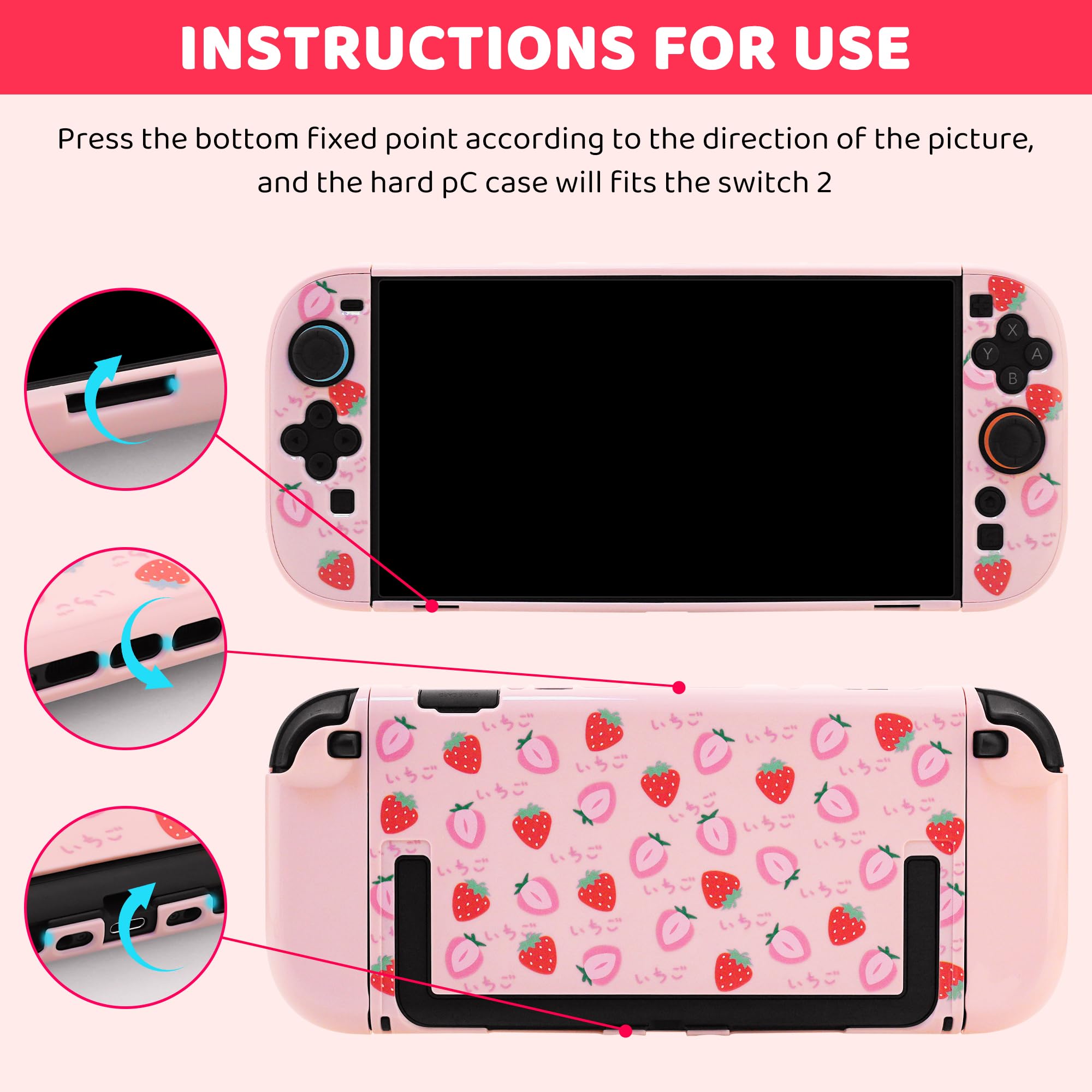 GLDRAM Custodia da trasporto rosa fragola per Nintendo Switch 2 (2025), set di accessori da ragazza carino con borsa da viaggio, custodia protettiva rigida in PC, pellicola protettiva, impugnature per