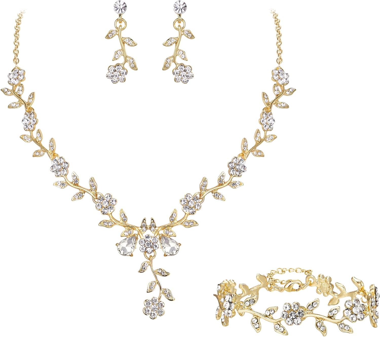 BriLove Women's Wedding Jewelry Leaf Cluster Flower Crystal Dangle Earrings Pendant Necklace Set for Bridal