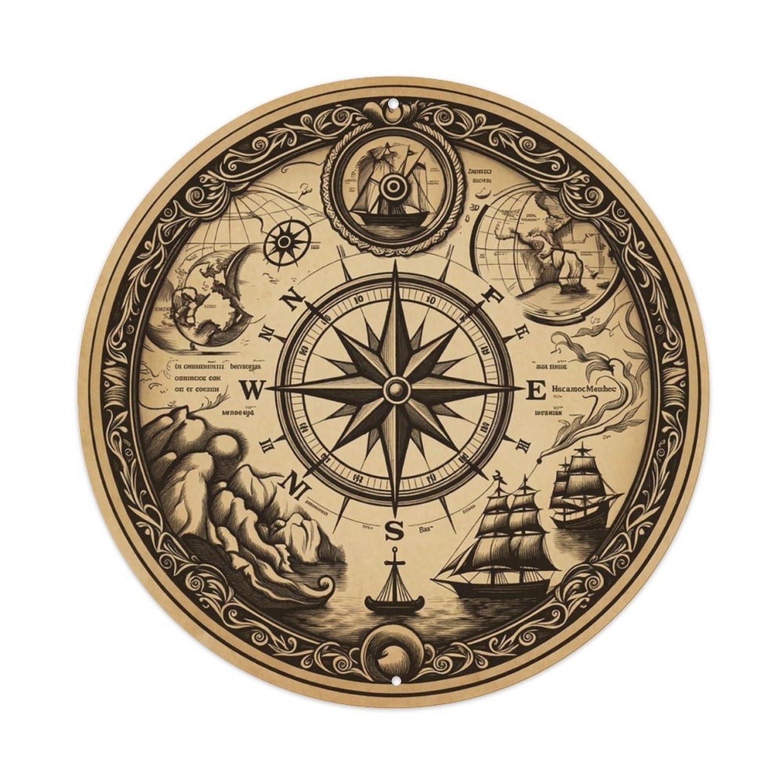 Vintage Nautical Compass World Map Shoreline Chronicle Metal Tin Sign