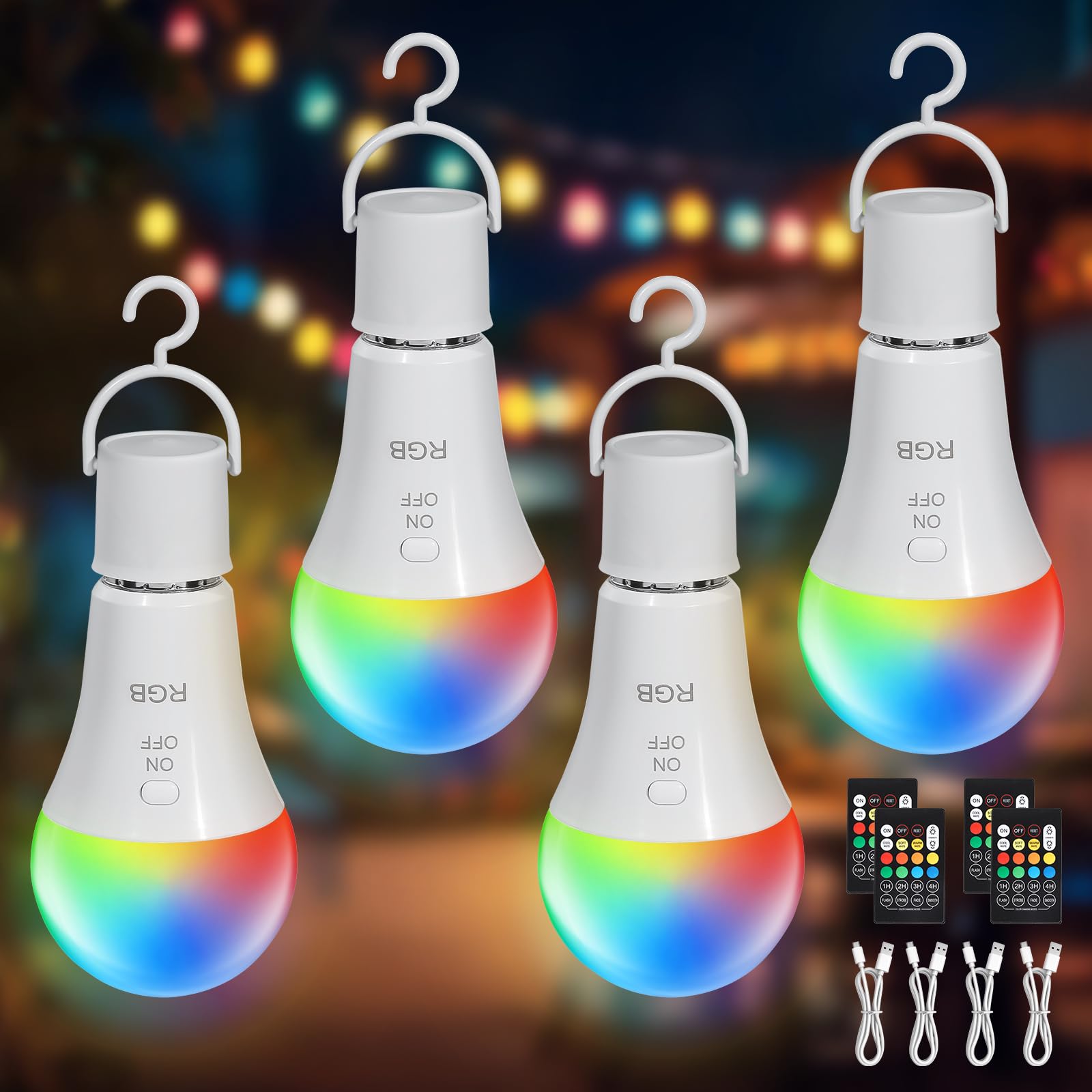 Kimjo RGB Led Lampe E27 Glühbirne mit Fernbedienung 4 Stück, Aufladbare Glühbirne mit Batterie und Timer, 7W Dimmbar Akku Lampe für Outdoor, Camping, 2000 mAh, Mit Haken