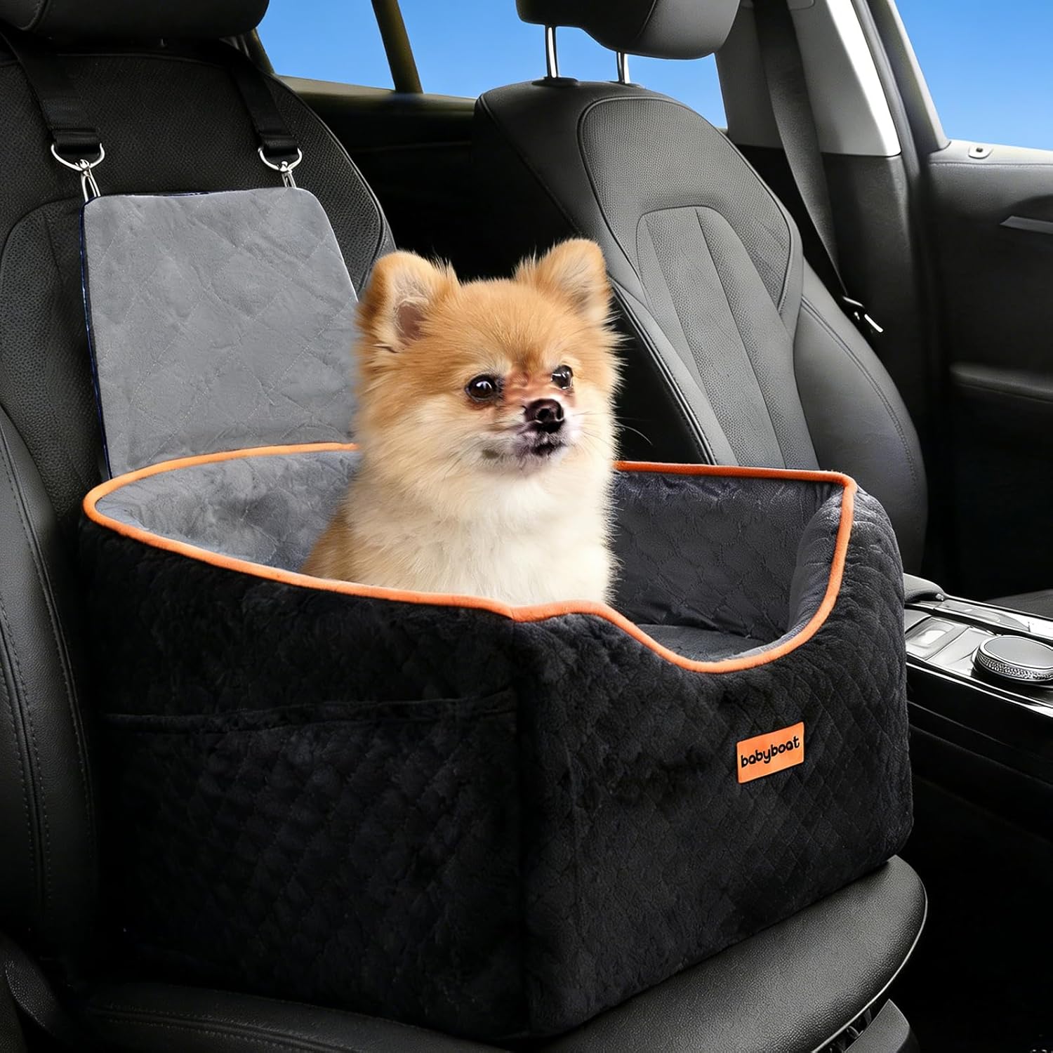 Babyboat Dog Car Seat for Small & Medium Dog Adjustable Height Pet Booster Car Seat with 2 Cushion Up to 30lbs Detachable Travel Pet Bed with Remove Cover, Storage Pockets - Black