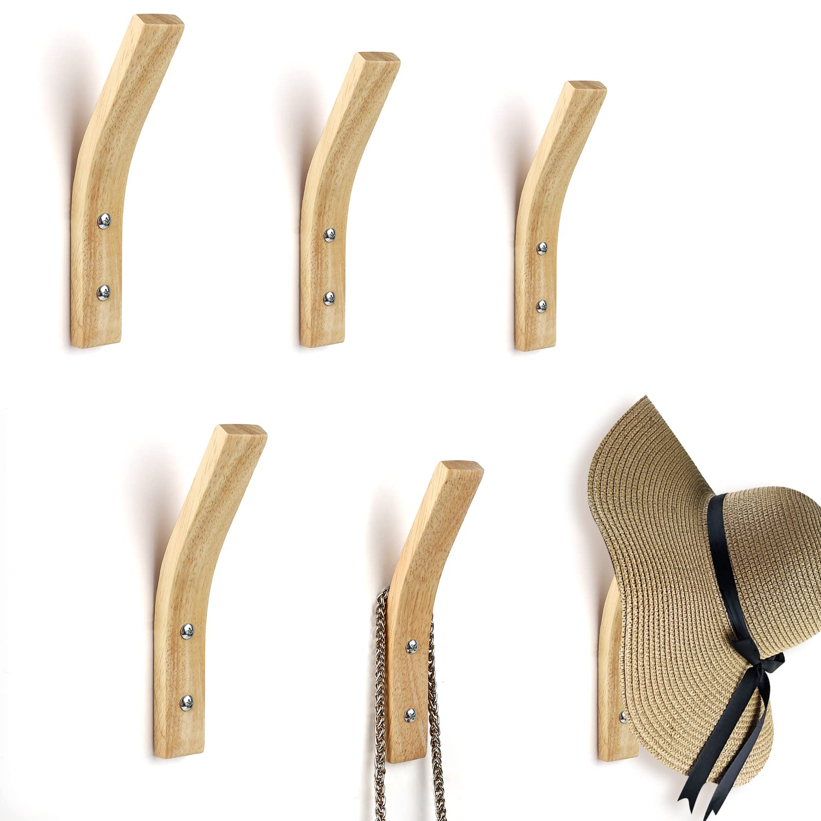 New Wood Wall Hooks 6 Pack Wooden Coat Hooks Natural Solid Black Walnut and Rubber Wood Decorative Wall Hooks for Hanging Coat Towels Hats