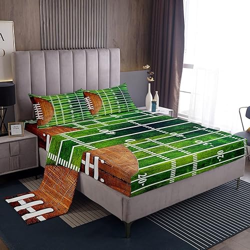 Miniatura 3 de Juego de sábanas de fútbol americano tamaño matrimonial para decoración de dormitorio de niños, juegos deportivos, sábana bajera ajustable, juego de
