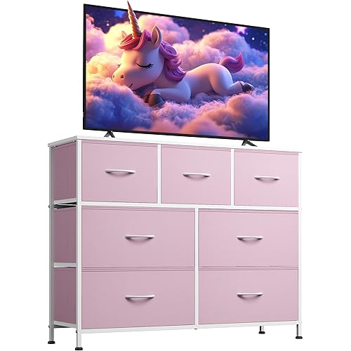 WLIVE 7 Drawer Dresser TV Stand, Entertainment Center, Media Console Table with Metal Frame and Wood Top for TV up to 48 inch, Chest of Drawers for Bedroom, Living Room, A-Pink