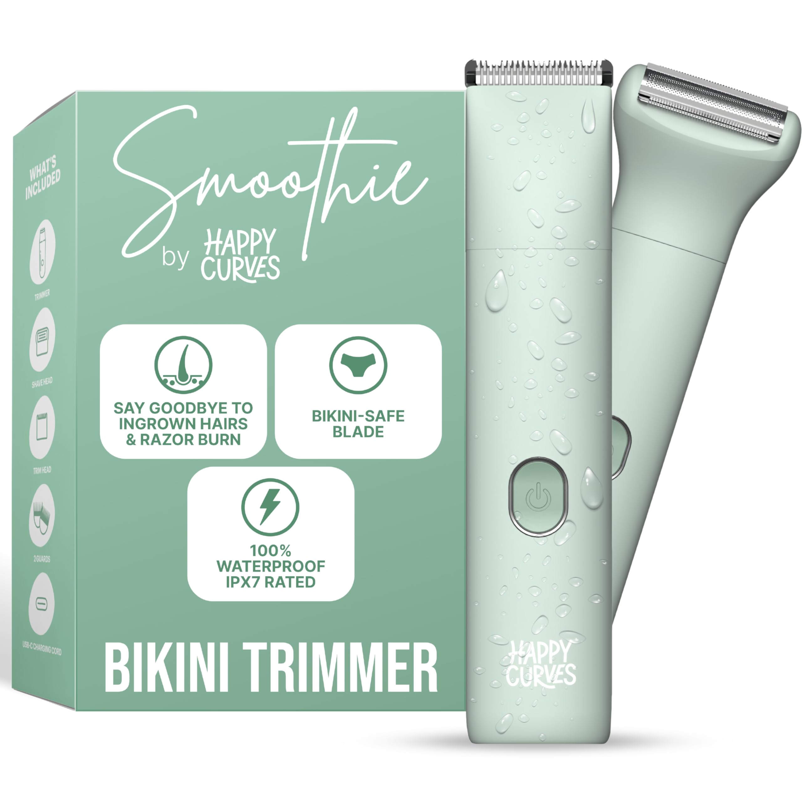 HAPPY CURVES Smoothie 2.0 Bikini Trimmer - Electric Razor for Women, Waterproof Hair Groomer with Adjustable Guards, Personal Shaver for Pubic Hair, Ladies Intimate Shaver and Body Trimmer (Mint 1.0)
