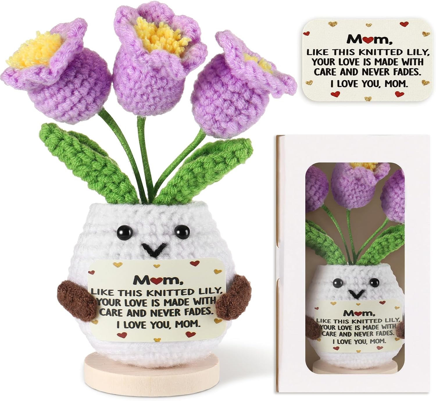 Mothers Birthday Gifts for Mom Crochet Flowers Purple Lily of The Valley Bouquet with Wooden Base I Love You Mom Gifts for Mothers Day Mommy from Daughter Son Husband