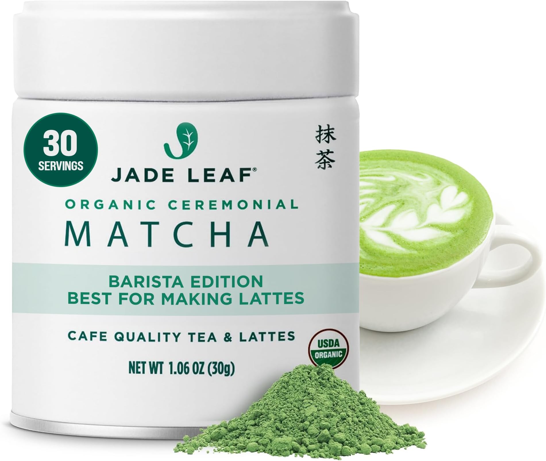 Jade Leaf Matcha Organic Green Tea Powder, Ceremonial Grade, Barista Edition for Coffee Quality Milk Tea and Coffee - Authentic Japanese (1.06 Ounce Can)