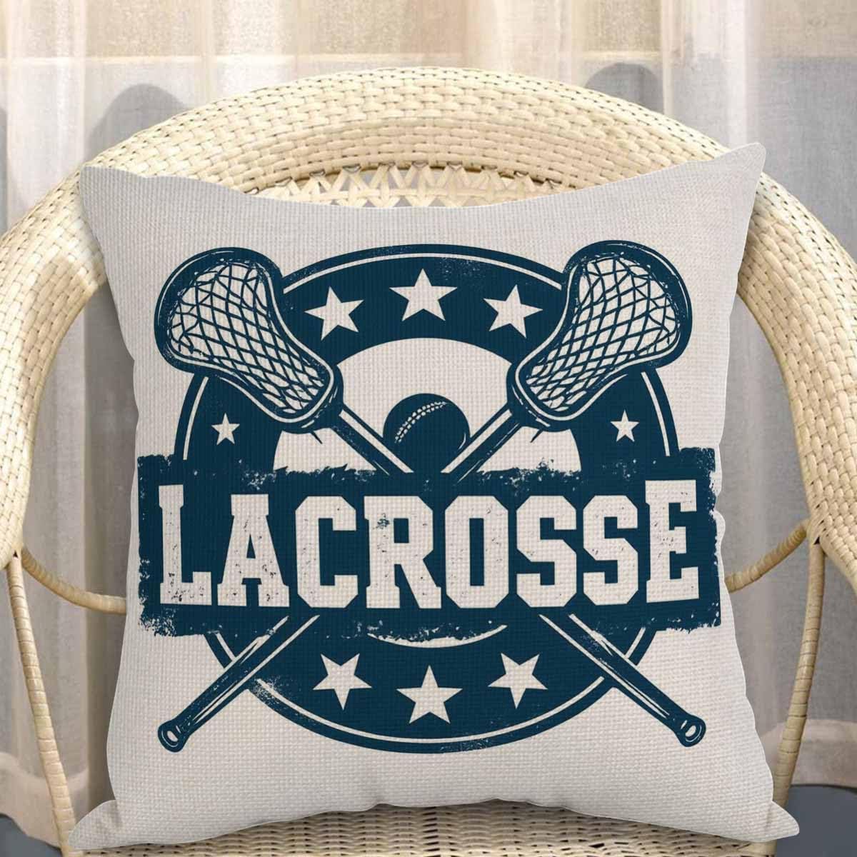 Mugod Lacrosse Throw Pillow Vintage Stamp Pattern Helmet Lacrosse Sticks Star Navy Blue Cotton Linen Square Cushion Cover Standard Pillowcase 18x18 Inch for Home Decorative Bedroom/Living Room/Car image 3