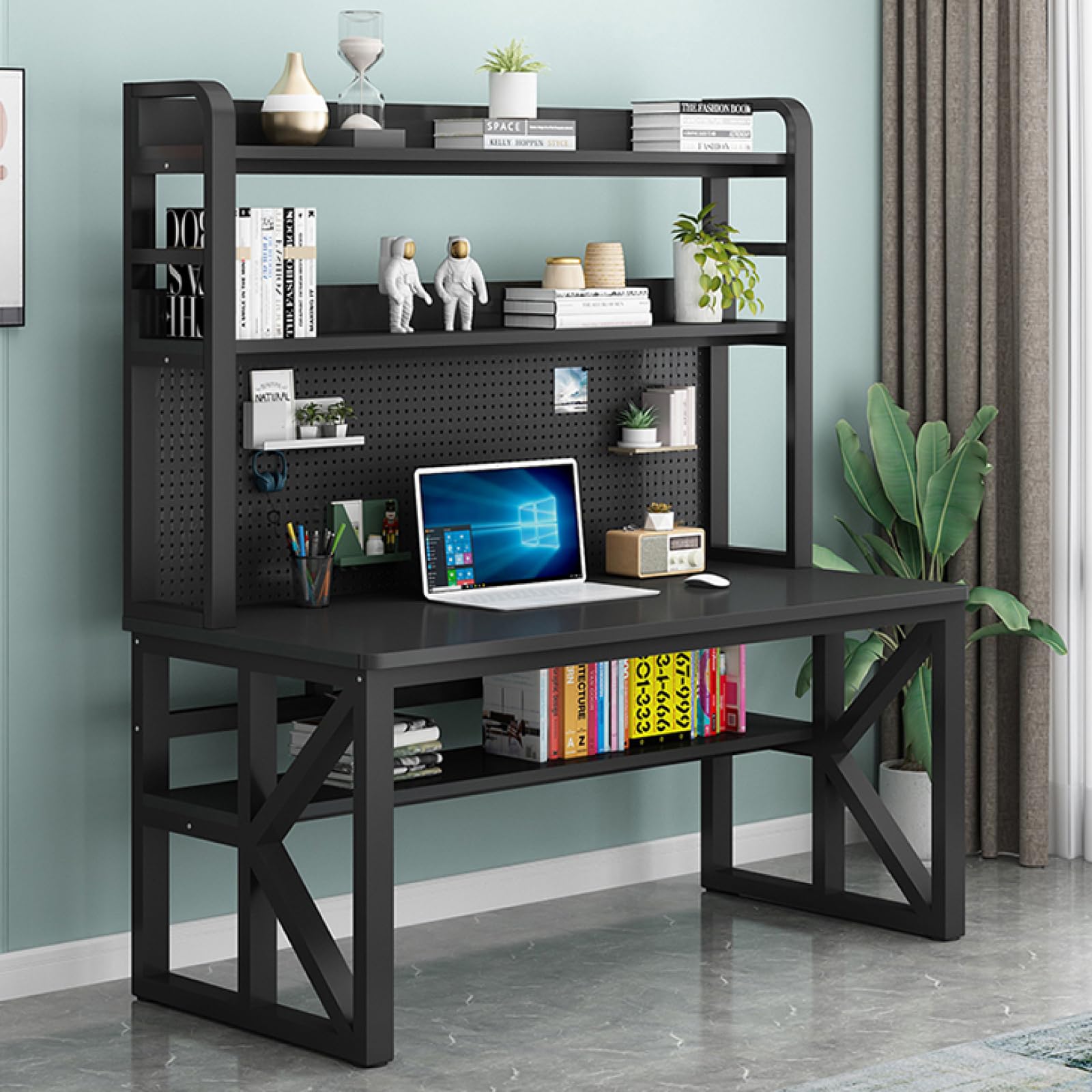WDSOPK Modern Computer Desk with Storage Shelves & Pegboard for Home Office Large Study Writing Workstation Table for Students（Black-31Inch）
