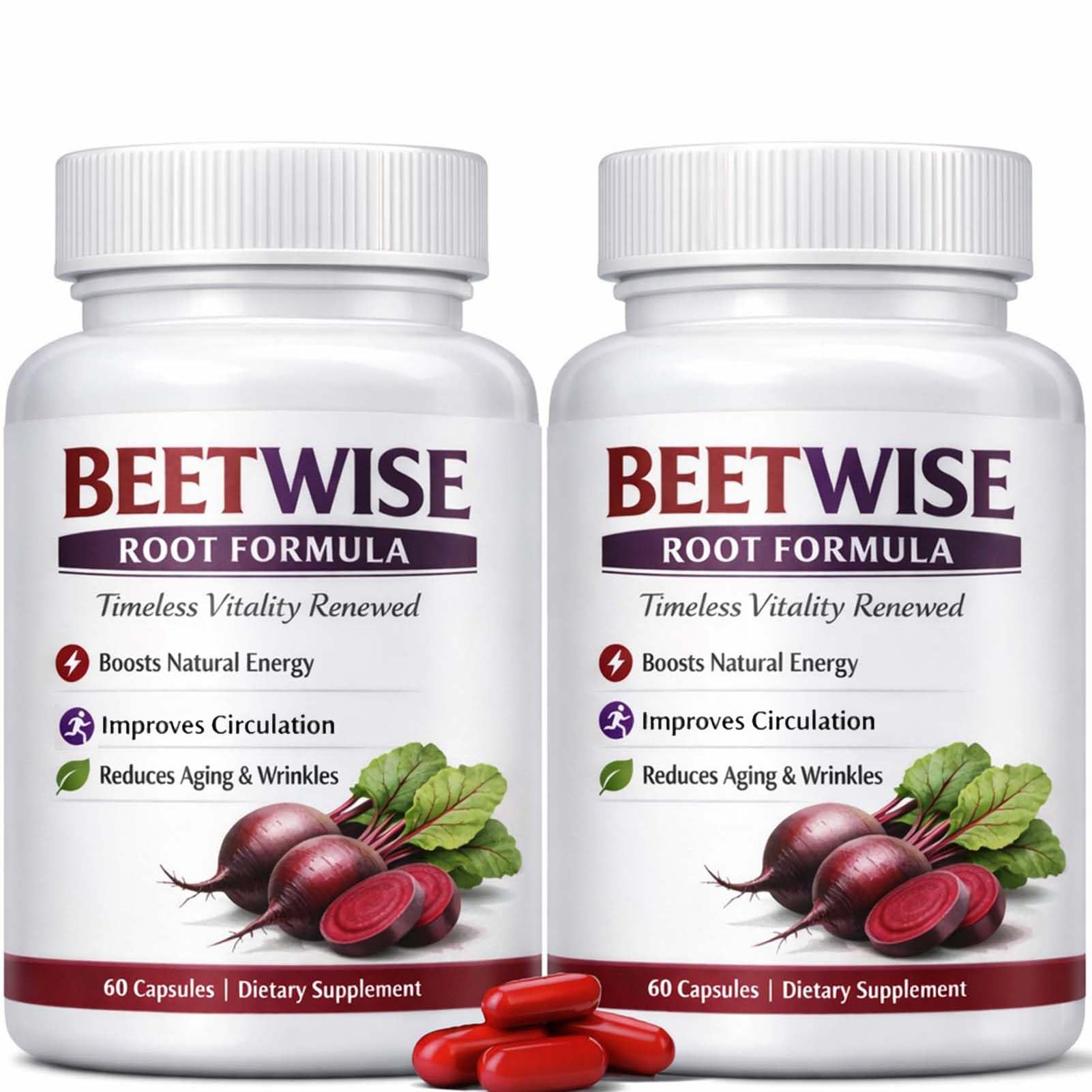 BEETWISE Root Formula | Cold Pressed - Beetroot Supplement Organic – Vegan-Friendly, Non-GMO, 60 Capsules (2 Bottles)