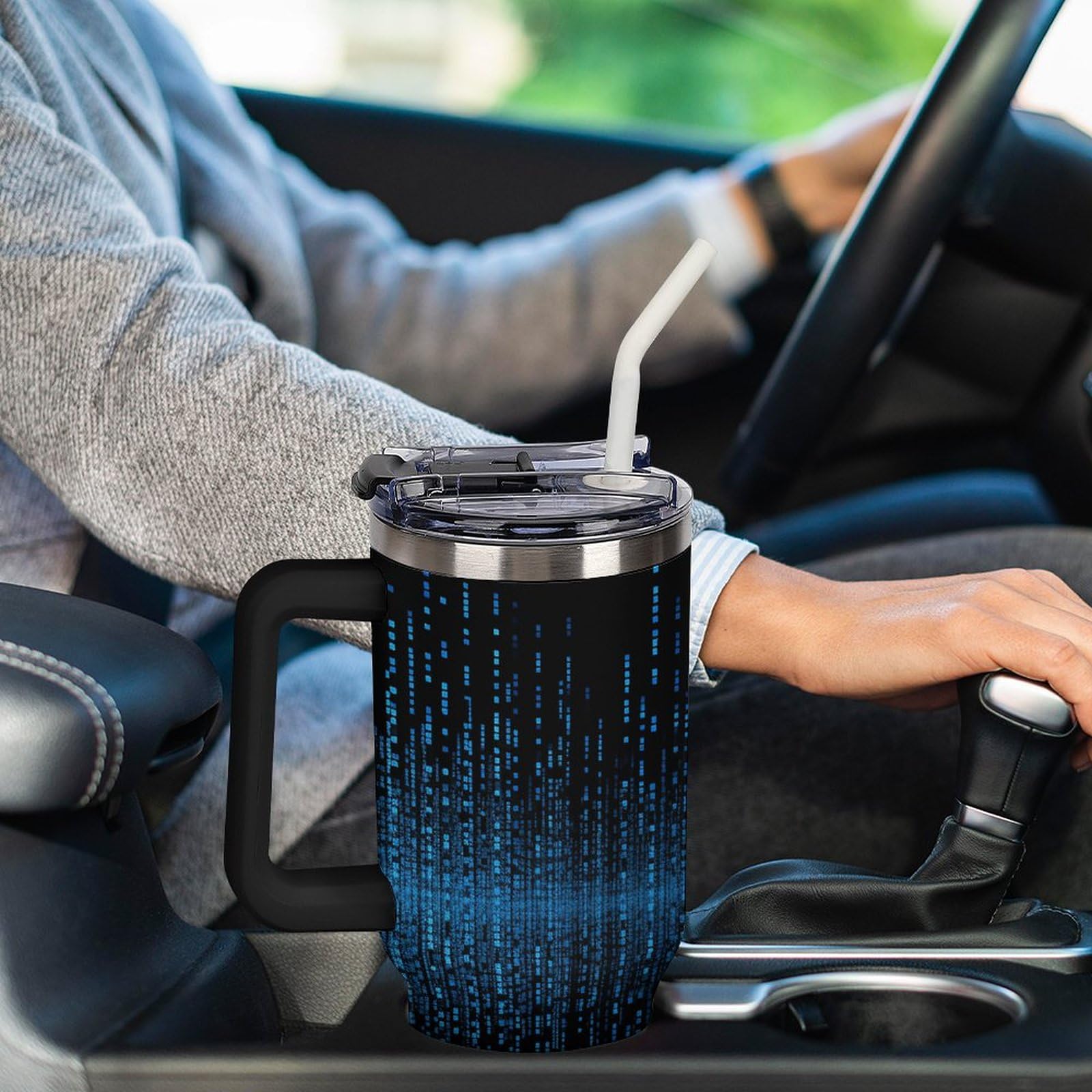 Trinkbecher mit Griff und Strohhalm, vakuumisolierte Trinkflasche, Becherhalter, kompatibel für Reisen, wiederverwendbar, isoliert, Edelstahl, Geschenke für Damen und Herren, 1,2 l