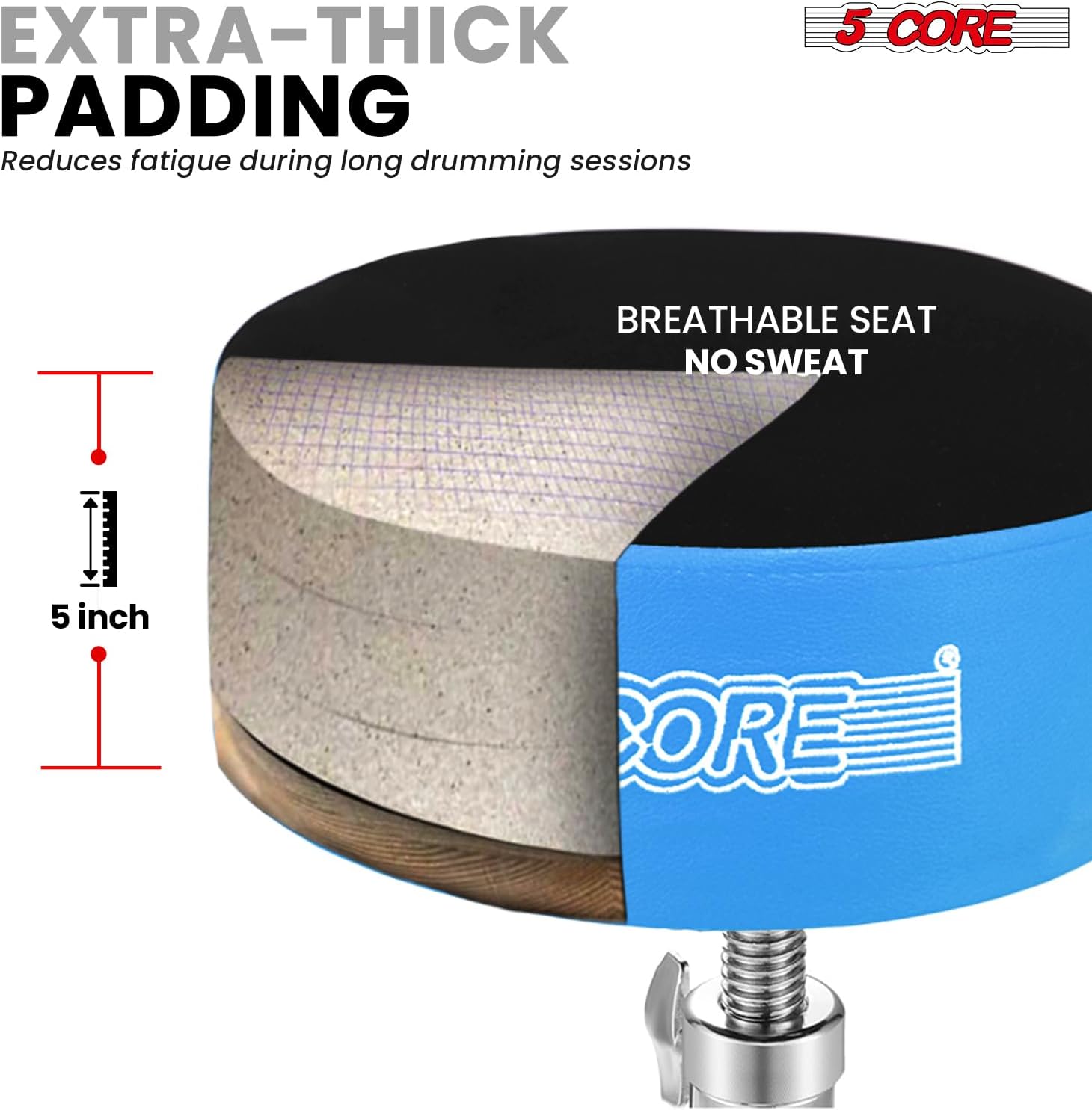 5 CORE Drum Throne 5" Padded Velvet Top 24" Swivel Adjustable Guitar Stool Heavy Duty 310Lb Capacity for Adults & Kids Blue - DS CH BLU VEL HD