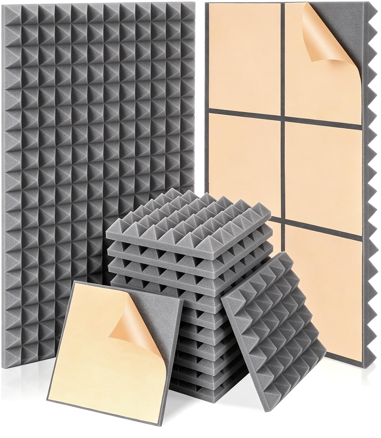 Pannelli fonoassorbenti in schiuma, 30 x 30 x 5 cm, autoadesivi, ad alta densità, per assorbimento acustico e controllo dell'eco, confezione da 24 pezzi, grigio