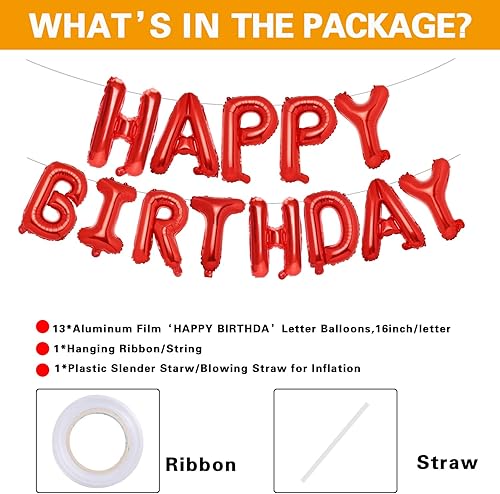 Miniatura 2 de Accevo Cartel rojo de Happy Birthday, 16 pulgadas, letras de papel de aluminio, globos con patrón de corazón, feliz cumpleaños para niños, adultos,