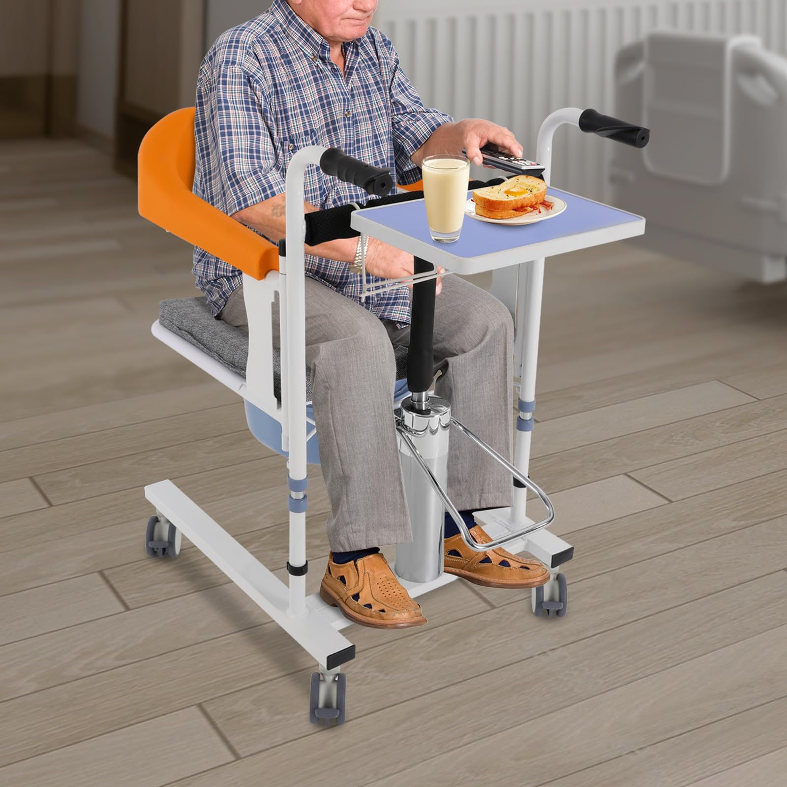 Elevador de pacientes hidráulico para el hogar con asiento dividido de 180° y orinal, mesa de comedor, silla de inodoro portátil, ayuda de transferencia de asiento para personas mayores, altura