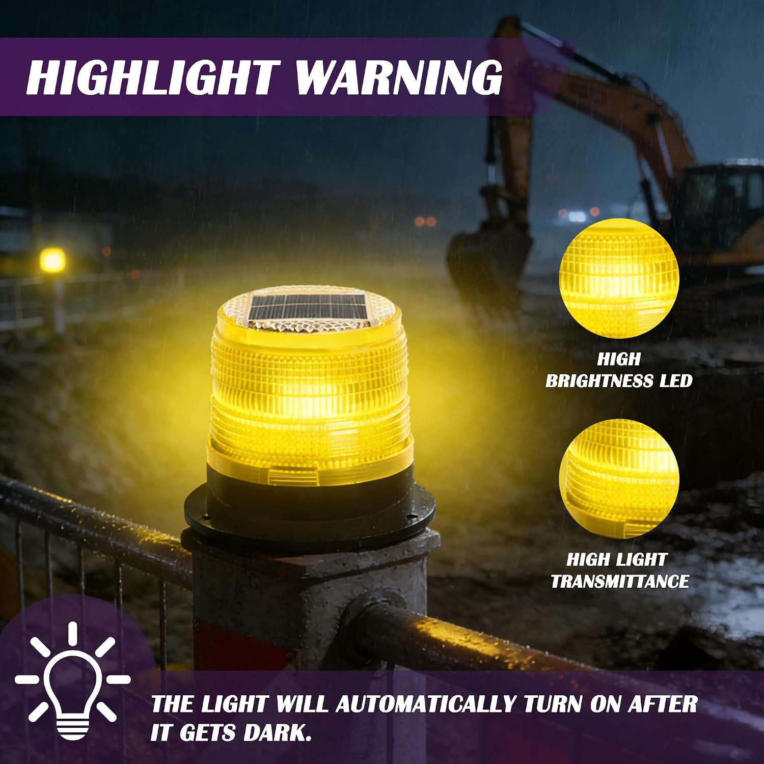 Solar Strobe Warning Light,Traffic Light Solar Powered Magnetic Lamp Waterproof Strong Magnetic Base, LED Flash Lights for Construction,Traffic,Factory,Safety Sign (Yellow)