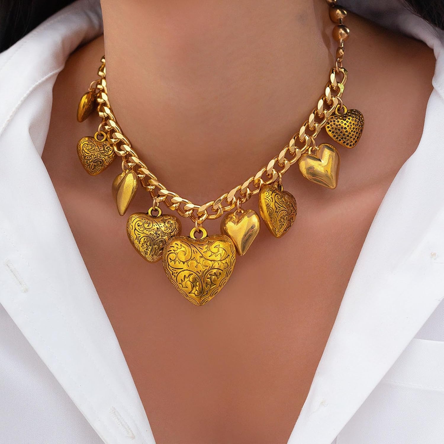 Chunky Heart Necklace Gold Plated Chunky Statement Necklace for Women Big 3D Heart Pendant Necklaces Trendy Jewelry Birthday Gift - Image 3