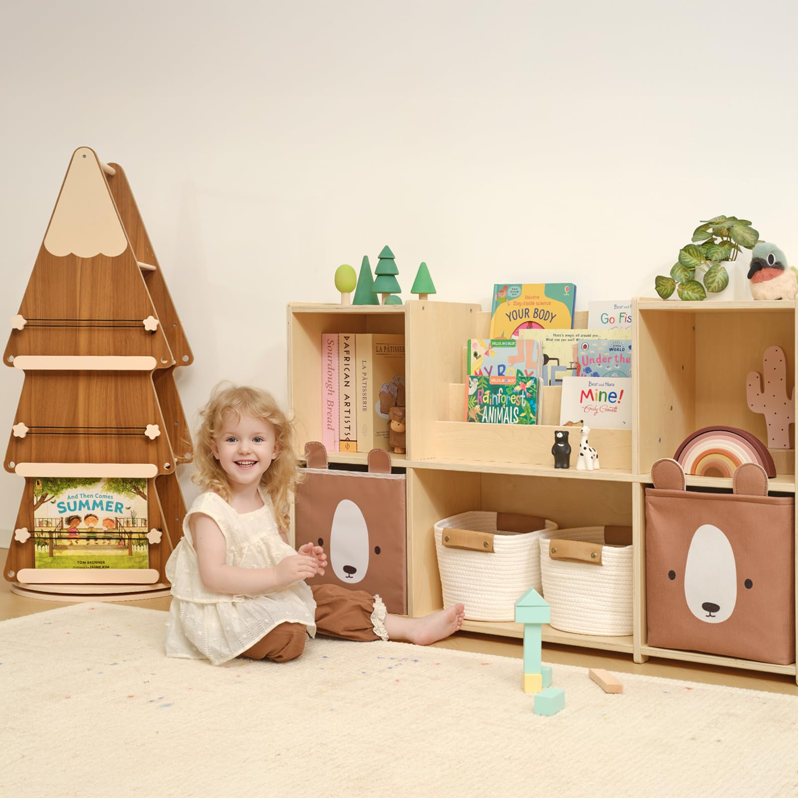 OOOK Bibliotheque Rotative Enfant, Bibliotheque Tournante à 4 Niveaux, Étagère Livre Enfant Bois Massif à 360°, étagère à Livres pour Chambres d'enfant, salles de Classe, Chambres de bébé