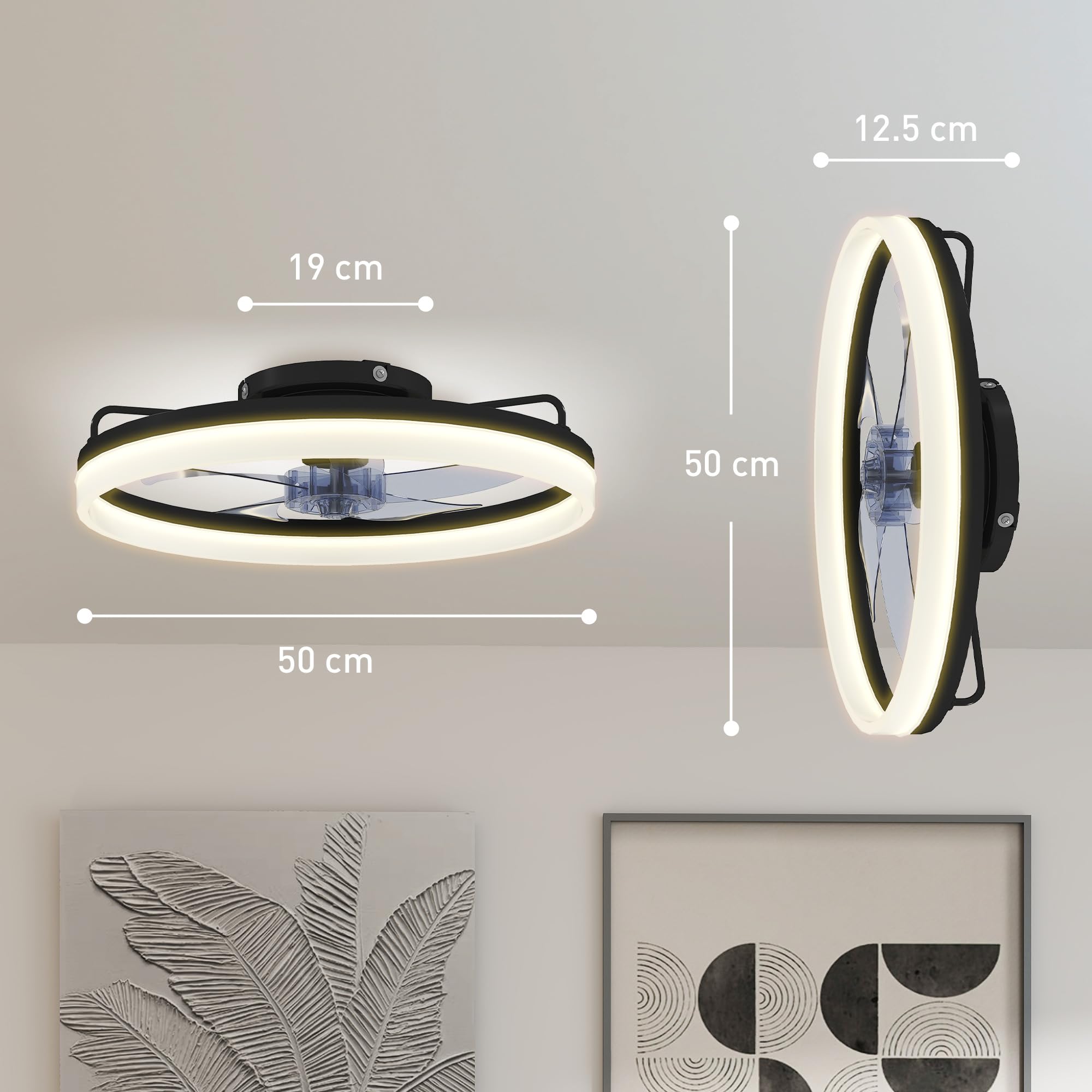 HOMCOM Ventilatore da Soffitto con Luce LED Regolabile, Telecomando, Timer, 6 Velocità, Flusso Reversibile e Motore Silenzioso DC, Ventilatore da Soffitto in Acciaio e Plastica, Ø50x12.5A cm, Nero