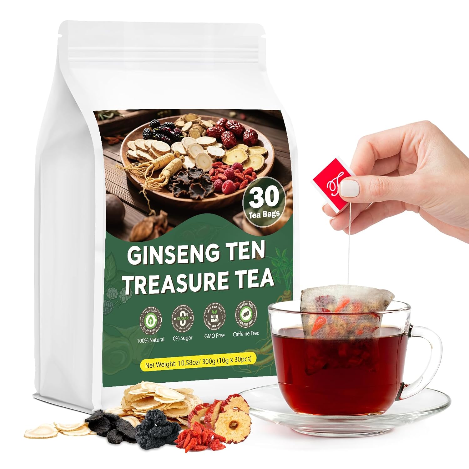 Ginseng Ten Treasures Tea Kidney Tea, Chinese Traditional Herbal Tea, Natural Kidney Cleanse Detox Teas for Women & Men, 10 Precious Ingredients Formula (1 Pack/30 Bags)