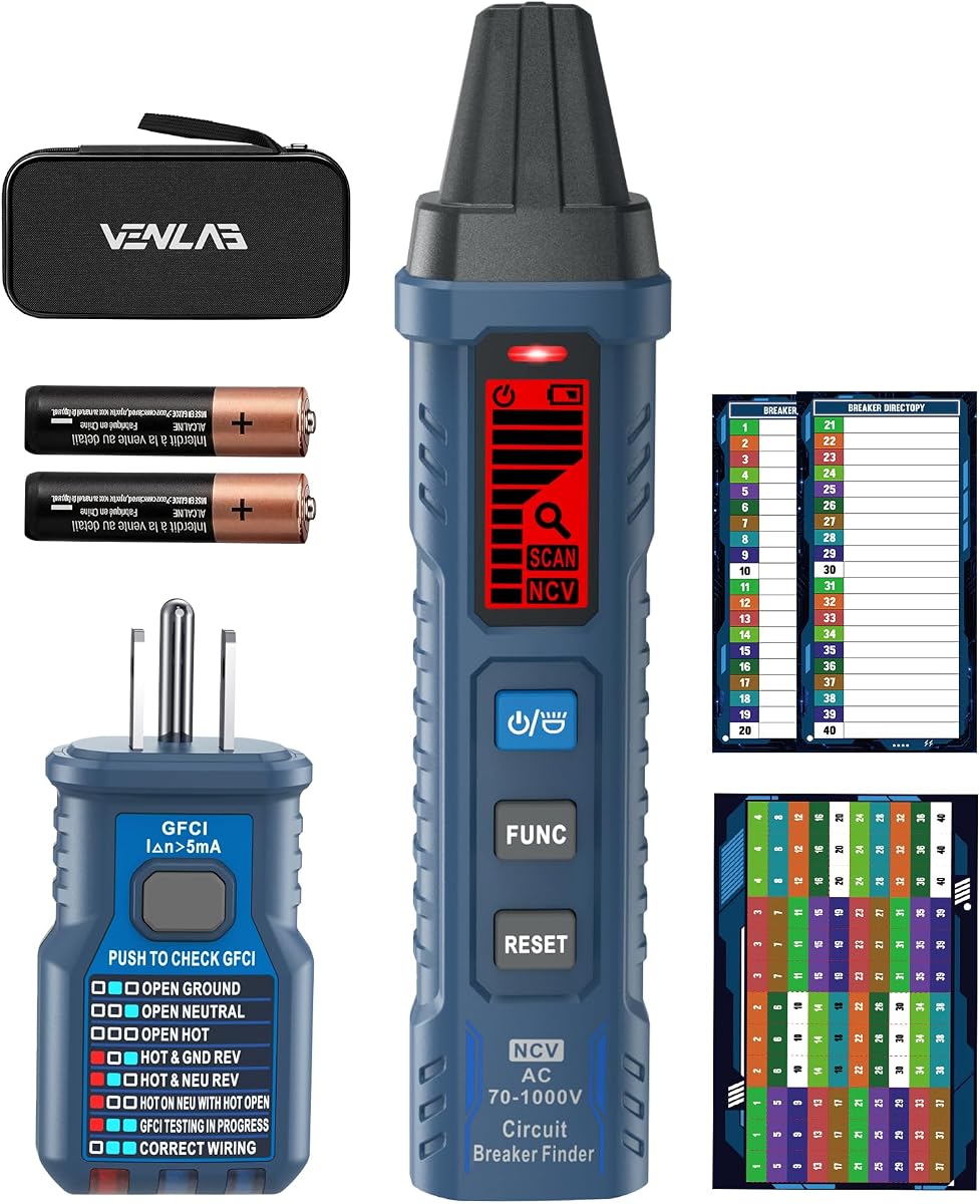 VENLAB Buscador de disyuntores con pantalla LCD, probador de salida GFCI, herramienta de seguimiento de circuito eléctrico de 90-130 V con NCV Tset y linterna, incluye estuche de transporte -VCT03