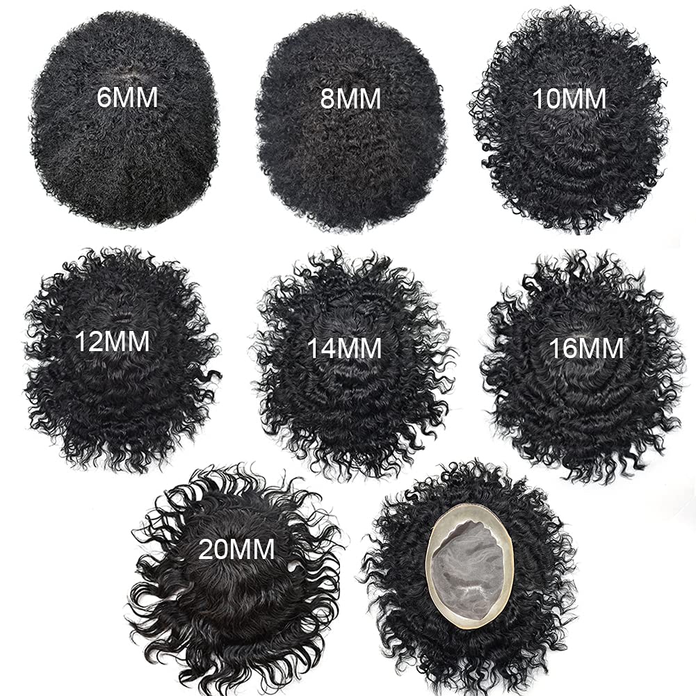 FACE MIRACLE Afro Toupee Mono Lace with NPu Curly Weave Hair Unit Black Mens Toupee 100% Human Hair African American Toupee for Men (8"*11", 1# Jet Black-6MM-100% Light to Medium Density)