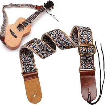Colorful Ethnic Ukulele Strap, Embroidery Style Crossbody w Leather Ends | Bright woven 4cm comfort wide strap reduces shoulder fatigue. Adjustable 30.3-52.8". Tail nail included. Unique boho look.