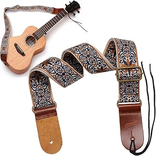 Colorful Ethnic Ukulele Strap, Embroidery Style Crossbody w Leather Ends | Bright woven 4cm comfort wide strap reduces shoulder fatigue. Adjustable 30.3-52.8". Tail nail included. Unique boho look.